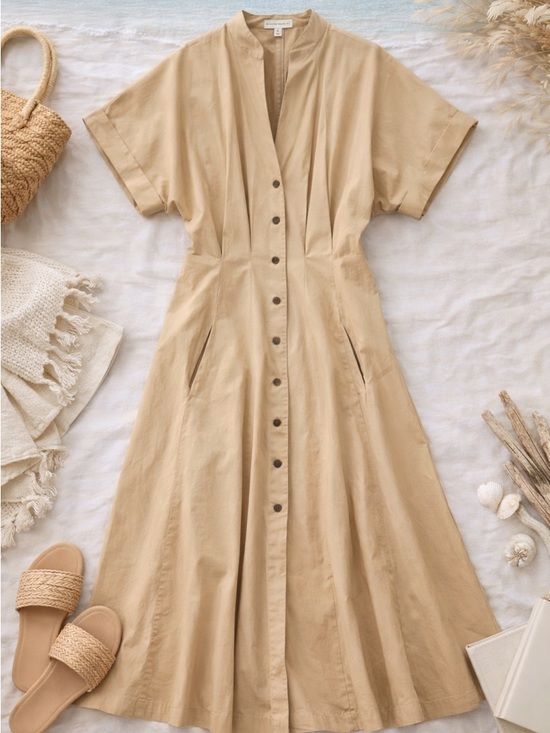 Banana Republic Dresses & Skirts - Banana Republic Cotton Poplin Shirt Dress Sandstone Midi Fit Flare 8